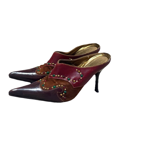 Vintage Rare Vicini Giuseppe Zanotti Mules Heels 7.5 Leather Western Jeweled 90s - Picture 1 of 11